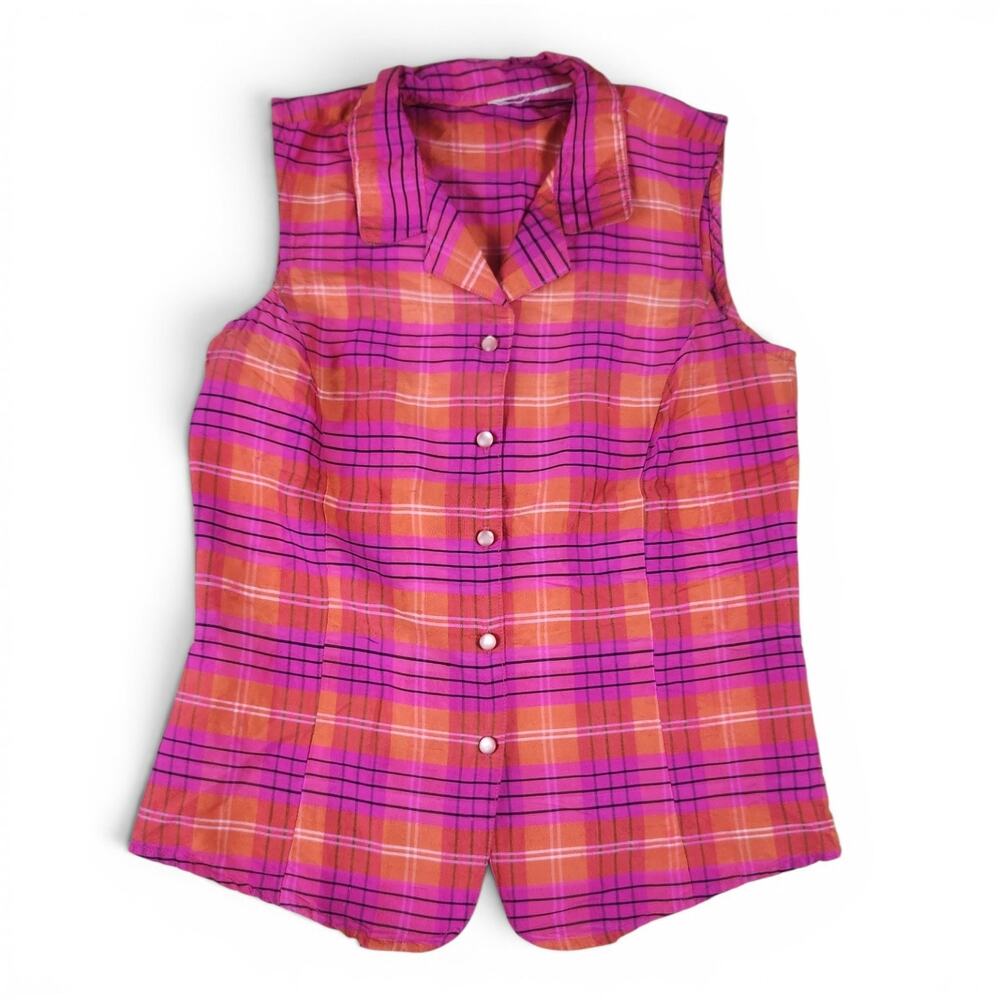 Vtg Pink Plaid Sleeveless Collared Top Medium Satin Cute Layer Orange Plaid Vest